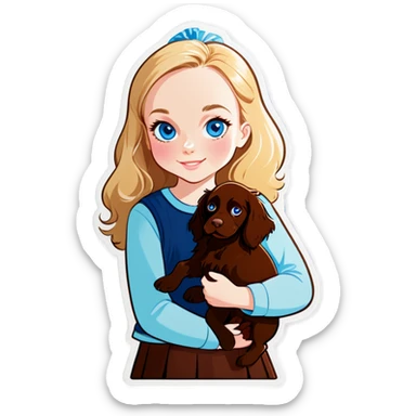 Blonde haired girl with blue eyes holding Boykin spaniel sticker