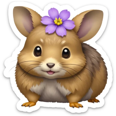 small round pika on all fours, turned at an angle, with a small light purple flower in its mouth sticker