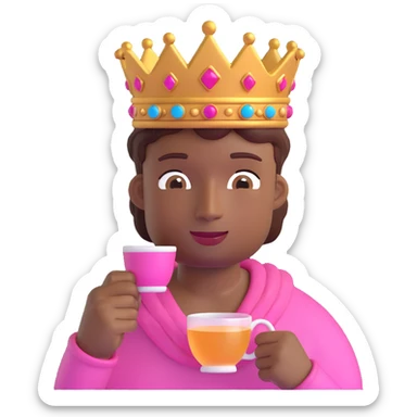 brown skin male emoji wearing a pink crown, sipping tea, relaxed expression sticker