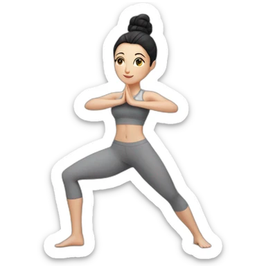 Pale skinned fit woman In a gray tight yoga suit and wristbands With black hair in a bun doing yoga sticker