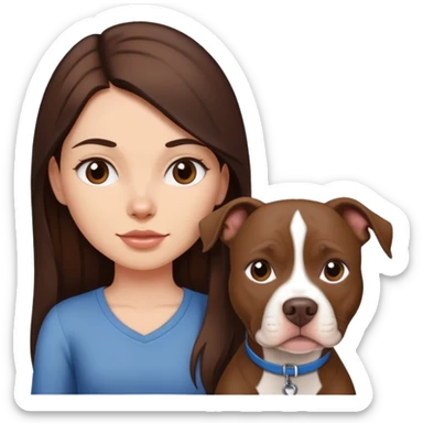 girl with dark brown long hair with her pitbull dog brown and white sticker