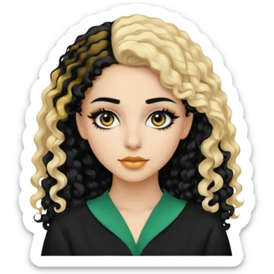Pale Saudi beauty, pretty baddie, black eyeliner, split dye leftside blonde rightside black curly hair sticker