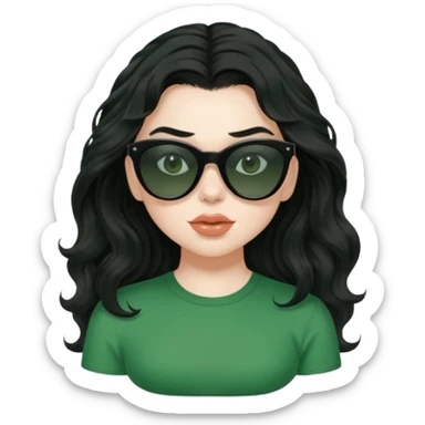 current charli xcx with her long black wavy hair, thick black sunglasses, pale skin, and a green top that said brat in the brat font. sticker