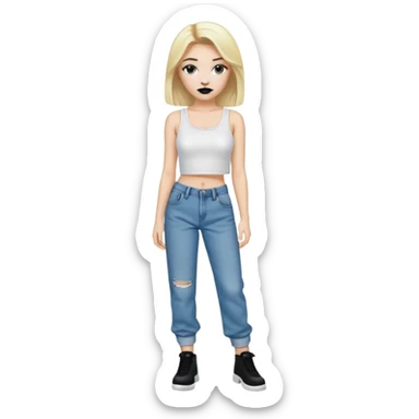 White girl with blond hair , black lipstick and white crop top for shirt and for pants baggy jeans sticker