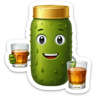 Pickle wearing gold medal with sneakers on holding two shots of whiskey sticker