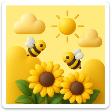 3D iOS style emoji of sunflowers with bees, a sun, and clouds in the background, mimicking the colors and composition of the reference image. sticker