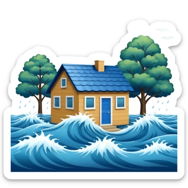 showing a flood disaster scene with powerful blue water waves overflowing around small houses and trees, dark cloudy sky, heavy rain falling, dramatic yet simple design sticker