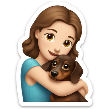 Girl with Brown Hair and blue eyes hugging a brown baby dachshund  sticker