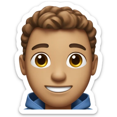 A digital 3D emoji-like face with brown hair, a small mole under the right eye, wearing white earbuds, and smiling. The character is wearing a dark blue hoodie and a black Nike crossbody bag. The background is a gradient light blue. sticker