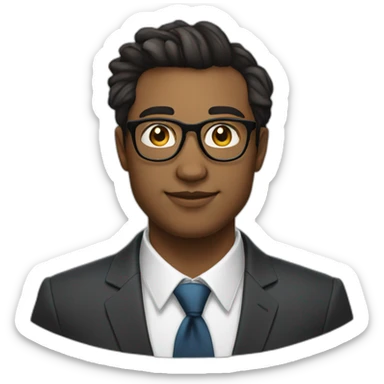 27 year old man with thin frame square glasses, oval face, formal shirt with tie, formal hair sticker