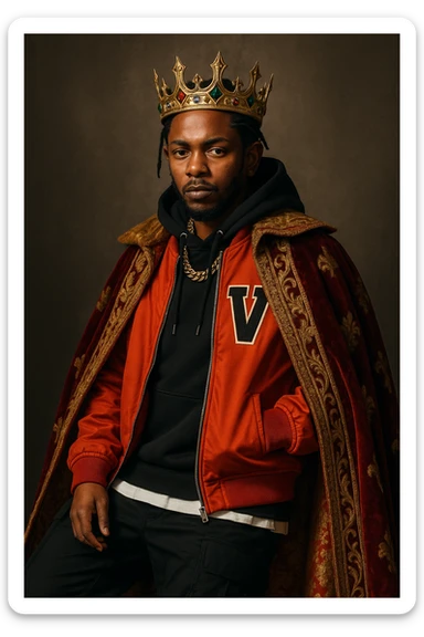 Kendrick Lamar as a modern king, streetwear mixed with royal elements, crown, confident pose, bold and stylish sticker