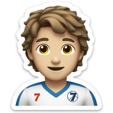 boy with brown hair wearing a uniform with the number 7 volleyball sticker