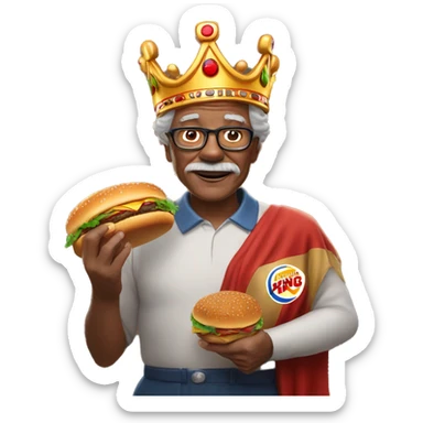 Older man wearing a Burger King crown with a burger in his hands sticker