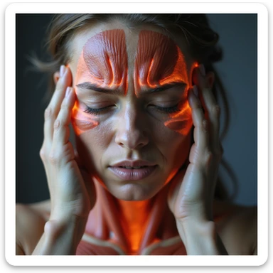 hyperrealistic 4K quality close-up of a woman with muscle-tension headache, eyes closed in pain, hands massaging temples, tense and reddened neck muscles, realistic anatomical details sticker