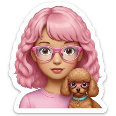 medium hair girl with soft bangs, pink blush and pink clear glasses with 2 toy poodles. one toy poodle is brown and the other toy poodle is white sticker