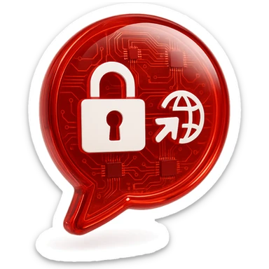 Create a Slack emoji icon in the glossy circuit style as the reference image. Show a bold and readable red chat bubble with a padlock and a small external link or globe symbol, representing a conversation blocked by an external party. The icon should be clear and recognizable at small size, with a glossy red chat bubble base and bold lines. sticker
