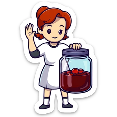 redhead woman showing a glass jar with jam at arms length, closeup sticker