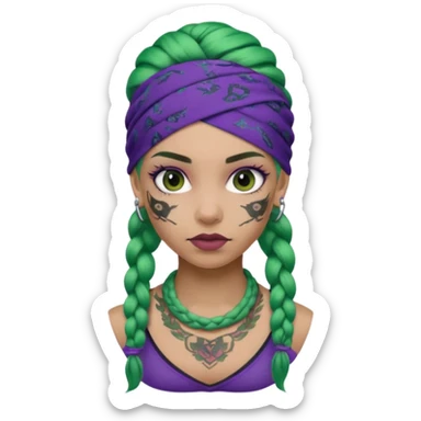 green braided hair with purple head bandana and lots of face tattoo girl sticker