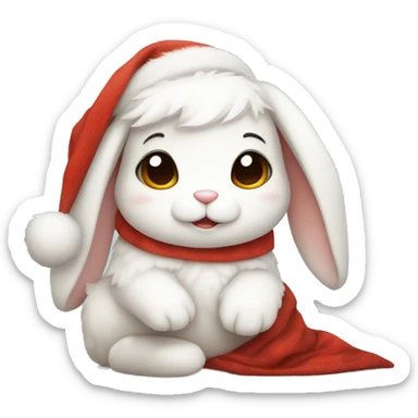 White cute fluffy bunny with brown eyes sitting wrapped in a christmas blanket with santa hat sticker