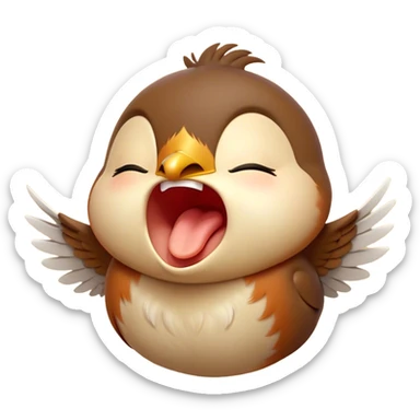 Cinematic Cute Yawning Robin Portrait Emoji, Head tilted slightly with a dramatic, wide-open yawn, showcasing a small, softly feathered body with gently drooping wings and sleepy, half-closed eyes, Simplified yet irresistibly adorable features, highly detailed, glowing with a soft, cozy glow, high shine, relaxed yet expressive, stylized with a dash of whimsical woodland charm, soft glowing outline, capturing the essence of a drowsy yet affectionate robin that appears ready to stretch out for a nap! sticker