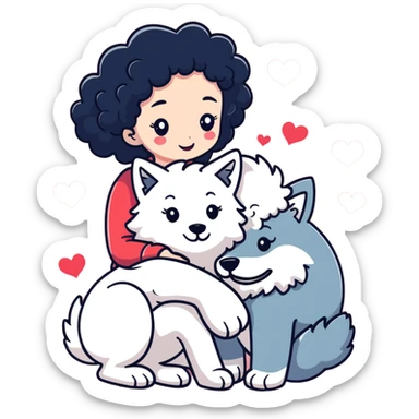 Black curly hair white skin girl hugging a big wolf with hearts above them sticker