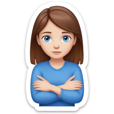 girl with brown hair blue eyes, arms crossed holding neck sticker
