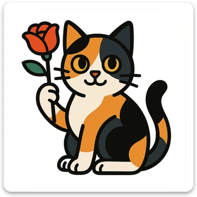tricolor cat holding a rose sticker