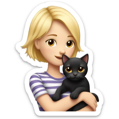 A girl with short blond hair hugs a black striped cat sticker
