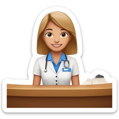 receptionist standing on hotel reception desk in front of tourists sticker