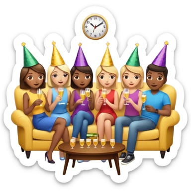 group of friends on couch playing a trivia game couch should be deep dark yellow color.  include a small wooden table in front of the couch as well sticker