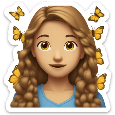 shy uwu  long brown hiar emojis with flower and butterfly sticker