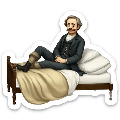 A sick man on a bed in 1870 sticker