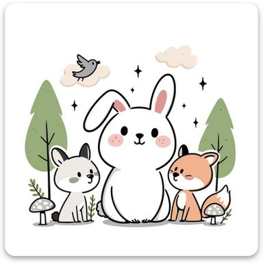 kawaii mori forest in hand-drawn Japanese style, soft pastel bunny with round baby face, big sparkling eyes, pink blush, surrounded by squirrel, bear, fox, and bird, soft pastel green forest with dreamy clouds, pastel stars, mushrooms, soft pastel tones, transparent background, high resolution sticker