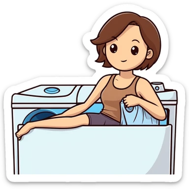 Caucasian woman with brown hair and big boobs wearing a tank top lying on a washer and dryer sticker