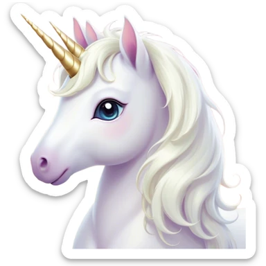Cinematic Cute White Unicorn Portrait Emoji, Head tilted playfully and inquisitively, featuring a charming, petite form with a silky white color, a delicately flowing mane and tail, and a tiny, sparkling horn, with large, dreamy eyes full of wonder, Simplified yet irresistibly adorable features, highly detailed, glowing with a warm, enchanting glow, high shine, affectionate and lively, stylized with a touch of fairy-tale whimsy, soft glowing outline, capturing the essence of a mischievous yet endearing white unicorn that seems as if it could gallop out of the screen into your heart! sticker