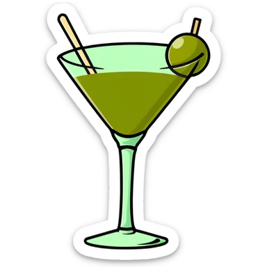martini glass with completely colorless transparent liquid like pure water, with a green olive at the bottom skewered by a toothpick sticker