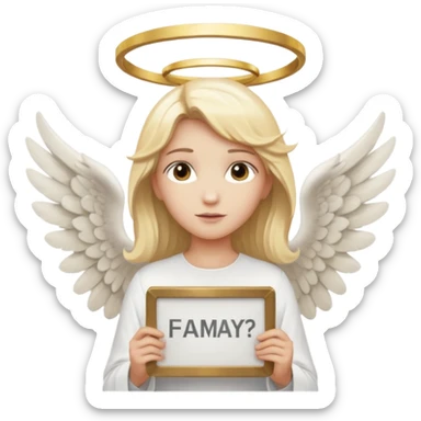 "An angel emoji with blonde hair, a halo, wings, holding a 'COMPARTILHAR' sign in bold letters." sticker