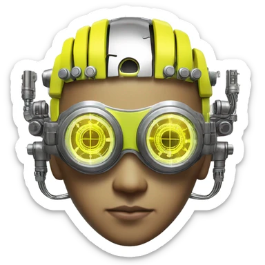 Neon yellow short hair Asian male cyborg head with silver steampunk goggles and circuits sticker