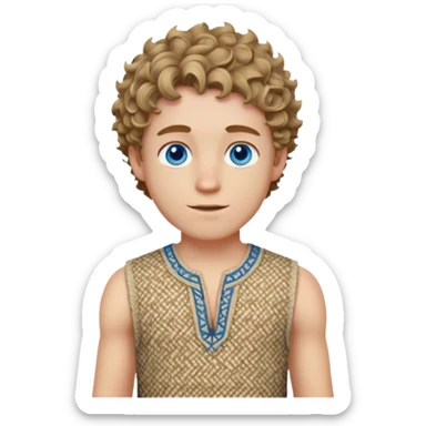 medieval summer outfit worn by a DnD themed fantasy male character. basic sleeveless rough-spun tunic with a decorative woven pattern along the edges. clothes only above the waist. The clothes full waist. The character's haven't arms. character is white-skinned, dark blonde hair, blue eyes, short curly hair. sticker