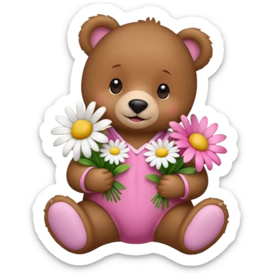 baby bear with a pink bow and onesie, holding a bouquet of daisies, surrounded by flowers, cute and cheerful, pink background, 3D iOS Apple emoji style sticker