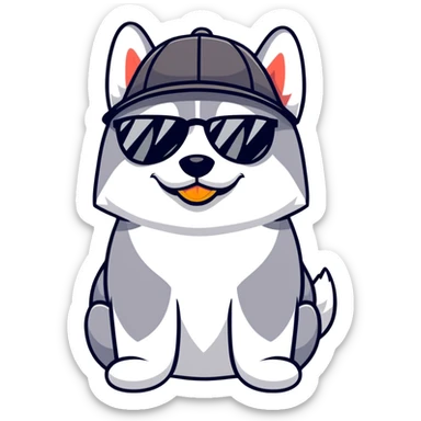 Husky dog wearing black sunglasses and a hat with duck pattern sticker