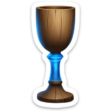 A magical goblet, large and imposing, made of aged wood with a smooth surface. It emits a vibrant blue light, standing out as a symbol of power and mystery. sticker