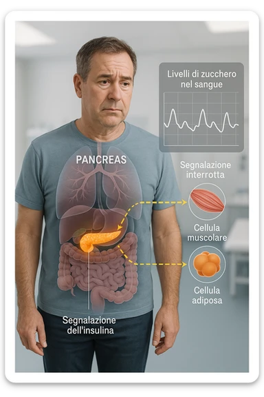 a middle-aged man stands in a clinical setting, with a semi-transparent overlay showing his internal organs. His pancreas is highlighted, and glowing lines or icons indicate disrupted insulin signaling between the pancreas and muscle or fat cells. The man’s expression is slightly concerned, and a digital chart beside him displays fluctuating blood sugar levels. The lighting is realistic, with a clean, modern medical background. scritte in italiano sticker