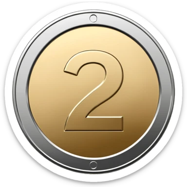 Emoji icon of a metal coin with engraved number 2, minimalist style, isolated, only metal color sticker