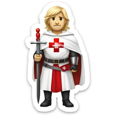 blond haired Masonic knight Templar wearing a white tunic with a Red Cross on the front and a white mantle with a hood with a Red Cross on the left side and a male face  and holding a sword. sticker