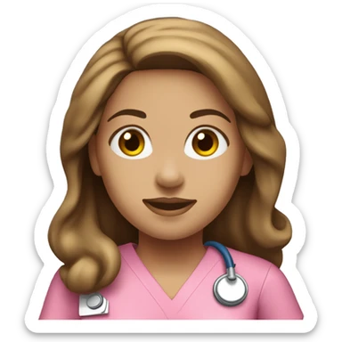 Light skinned female nurse with long brown hair and pink scrub top  sticker