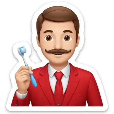 brown haired man with toothbrush-mustache and red suit sticker