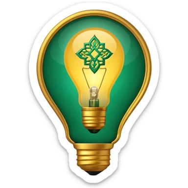 3D emoji, light bulb with Moroccan arabesque pattern inside, golden frame, glowing light, emerald green and gold colors, minimalist, white background. sticker