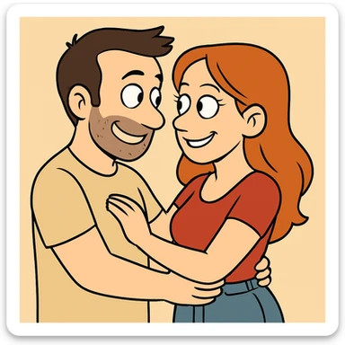 Change the scene so the woman and man are in love, smiling at each other, affectionate body language, same flat toon style and bold colors sticker