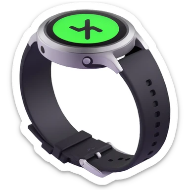 high-tech alien wrist device, futuristic watch design, black body with metallic silver accents, glowing neon green circular screen in center with alien X-shaped symbol, screen illuminated, advanced and durable, sci-fi space lab vibe, 3D emoji style sticker